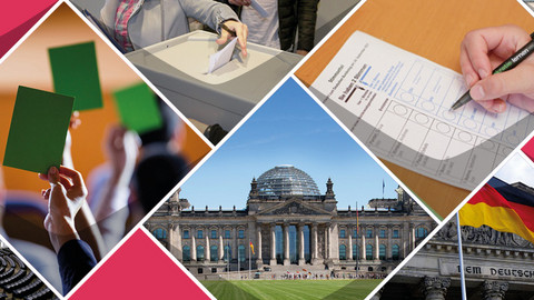 Eine Collage aus Bildern zu Politik: Der deutsche Bundestag, das Saal des EU-Pralamentes, ein Stimmzettel, Publikum bei einer Rede, eine EU-Falgge und Abgabe eines Stimmzettels