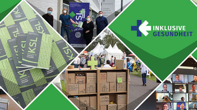 Eine Collage aus Bildern von inklusiven Gesundheit: Mehrere ausgaben der KSL-Konkret #4, Übergabe des Praxishandbuches an Akteure aus der Praxis, Tag der Begegnung in Köln, ein Rollup der KSL.NRW, Die Behindertenbeauftragte Frau Middendorf und eine Videokonferenz mit verschieden Geschichtern nebeneinander