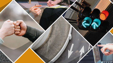 Eine Collage aus Bildern: Eine Fahrbahn mit Pfeilmarkierungen in verschiedene richtungen, zwei Fäuste treffen sich zum Gruß, eine Grüne Ampel, eine Beratungssituation mit notizen, Hände gestikulieren vor einem Laptop und eine Tastatur