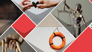 Eine Collage aus Bildern zum Thema Gewaltschutz: Eine Frau, die zu Bodenschaut, eine Gliederpuppe hängt in einer Hand, ein Rettungsring, eine rote Ampel und eine bronzene Justitia-Statue