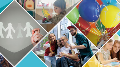 Eine Collage: Großes Kofetti, eine gruppe Jugendliche um ein Feuer, ein Kind schneidet papaier, eine gruppe Jugendlicher schaut ein Handyvideo, zwei kleine Kinder sind mit der Mama am Tablet, eine Erzieherin mit Kindern beim Basteln