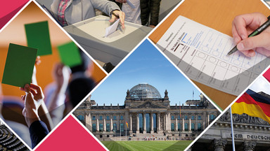 Eine Collage aus Bildern zu Politik: Der deutsche Bundestag, das Saal des EU-Pralamentes, ein Stimmzettel, Publikum bei einer Rede, eine EU-Falgge und Abgabe eines Stimmzettels
