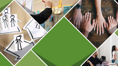 Fotocollage aus einer Wand mit Klebezetteln, Publikum eines Vortrages, Personen in einer Gruppenarbeit, Hände auf eine Tisch und eine Person notiert sich etwas in einem Notizheft