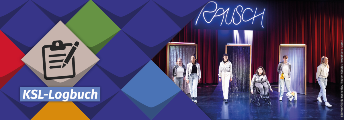 Bunte Kacheln als Stilelemente der KSL.NRW mit dem Wort KSL-Logbuch und ein Foto von Menschen mit und ohne Behinderung bei einer Theateraufführung